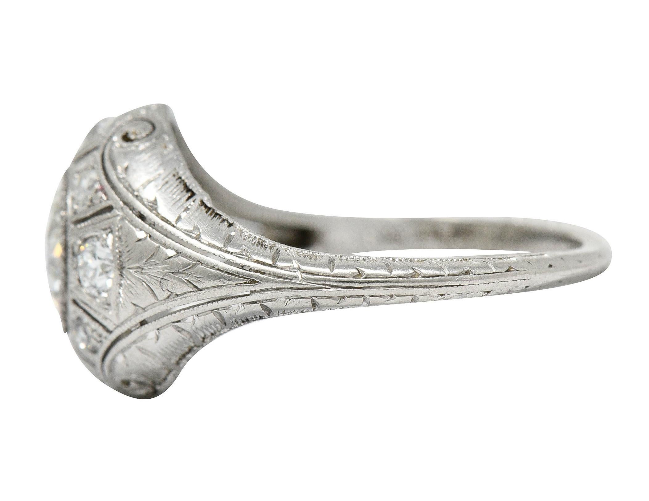 Early Art Deco 1.07 Carat Diamond Platinum Bombe Foliate Engagement Ring C. 1920 In Excellent Condition In Philadelphia, PA