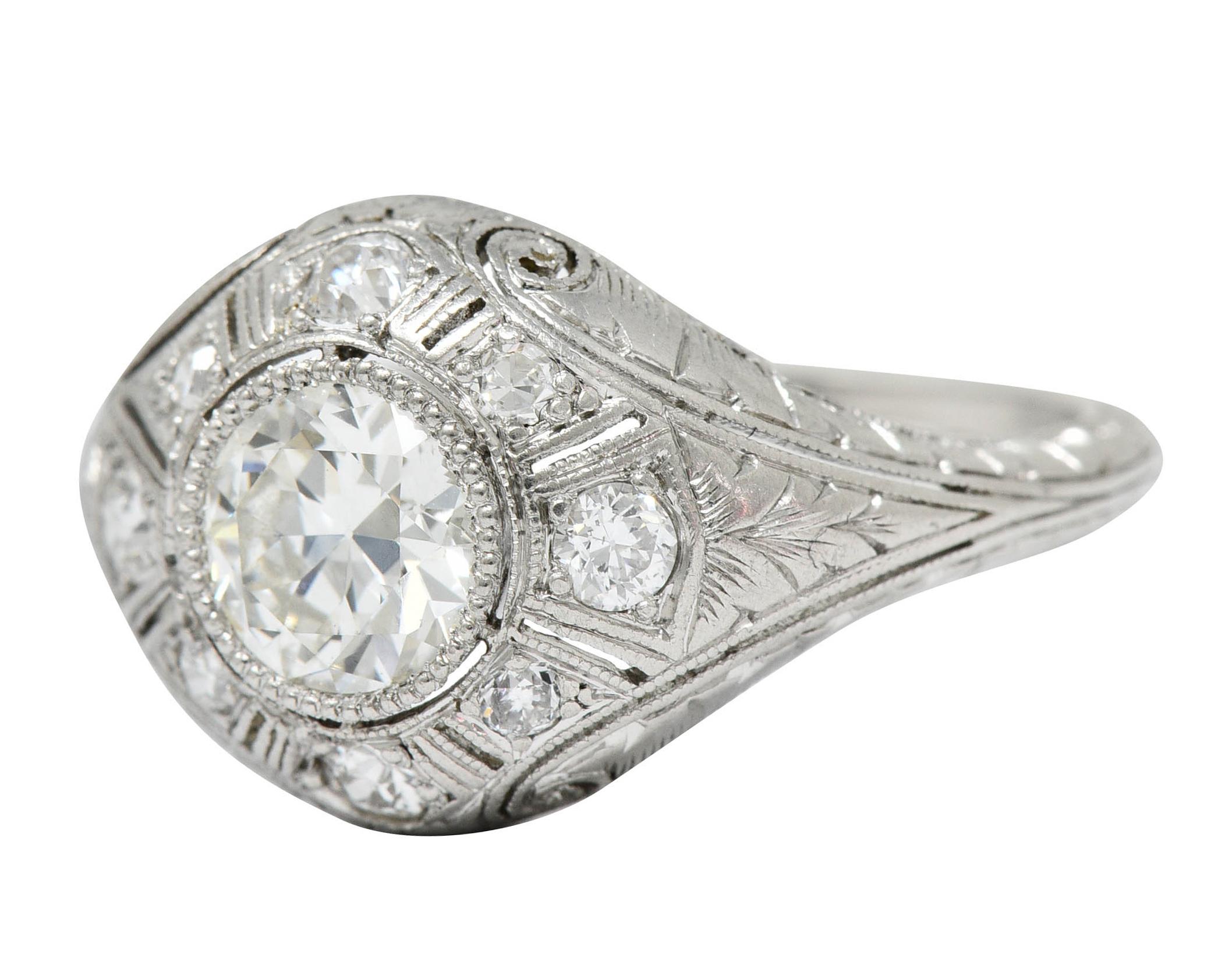 Women's or Men's Early Art Deco 1.07 Carat Diamond Platinum Bombe Foliate Engagement Ring C. 1920