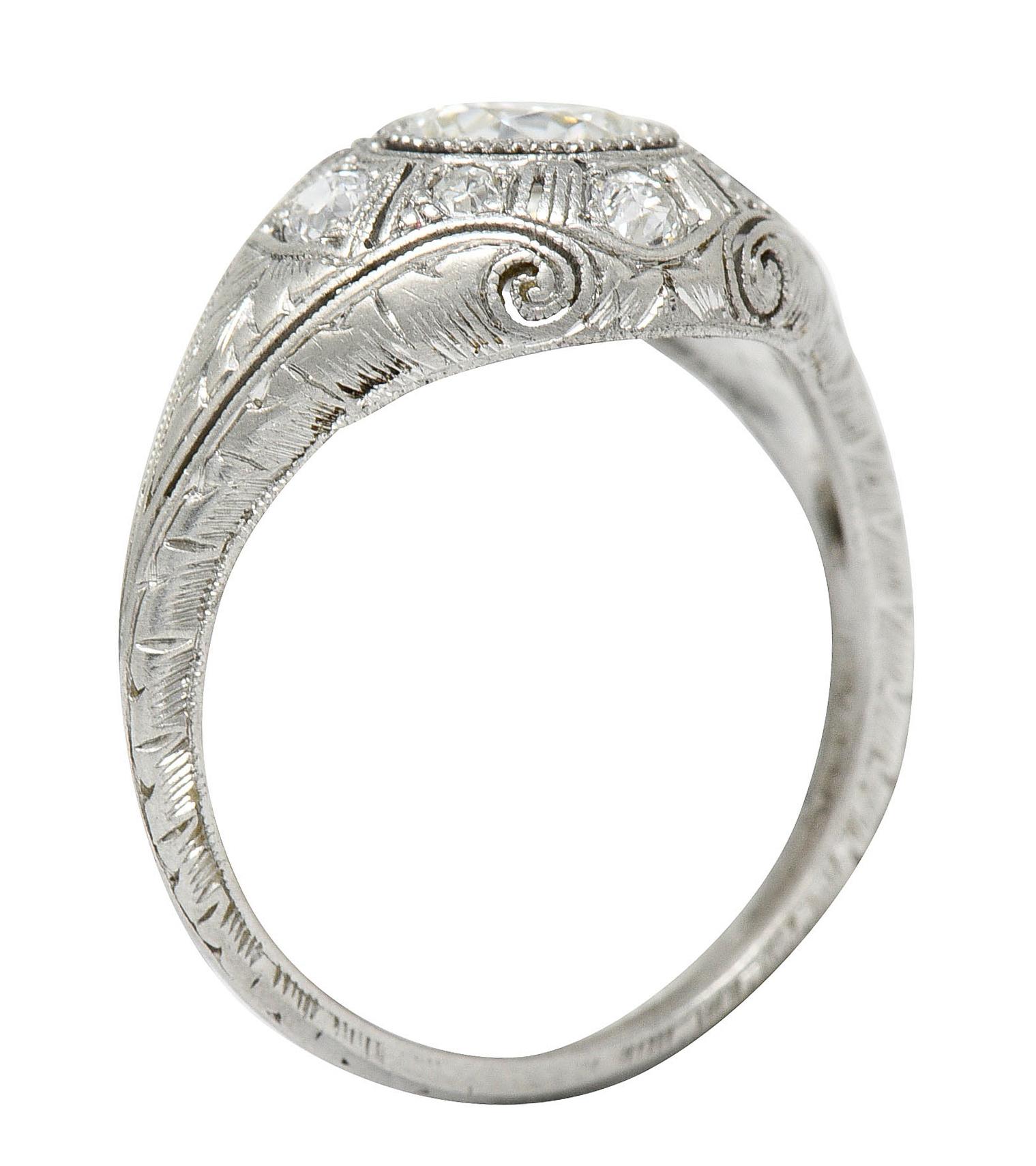 Early Art Deco 1.07 Carat Diamond Platinum Bombe Foliate Engagement Ring C. 1920 3