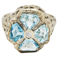 Early Art Deco 1.38 Carats Aquamarine Diamond 14 Karat White Gold Clover Ring
