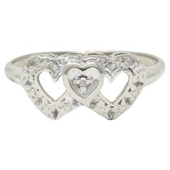 Early Art Deco 14 Karat White Gold Double Heart Floral Antique Ring