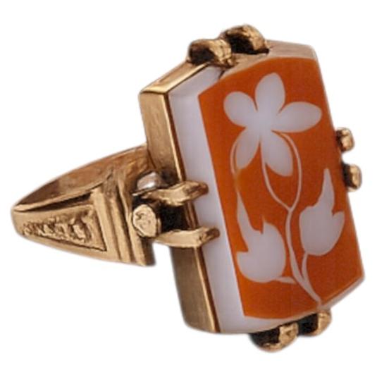Early Art Deco 14K Rose Gold Ring with Hand-Carved Sardonyx Floral Panel, 1920