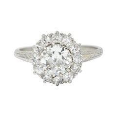 Early Art Deco 1.50 CTW Diamond Platinum Cluster Engagement Ring GIA