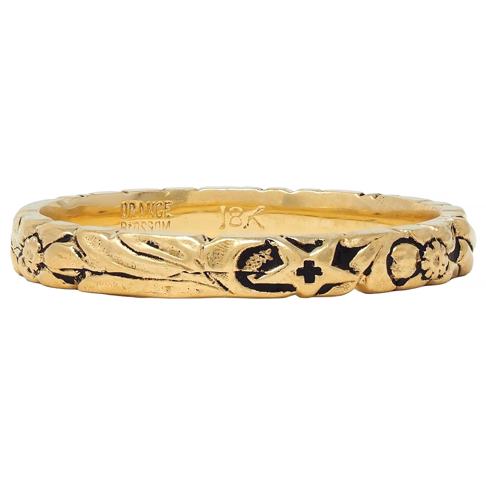 Early Art Deco 18 Karat Yellow Gold Orange Blossom Antique Wedding Band Ring 1
