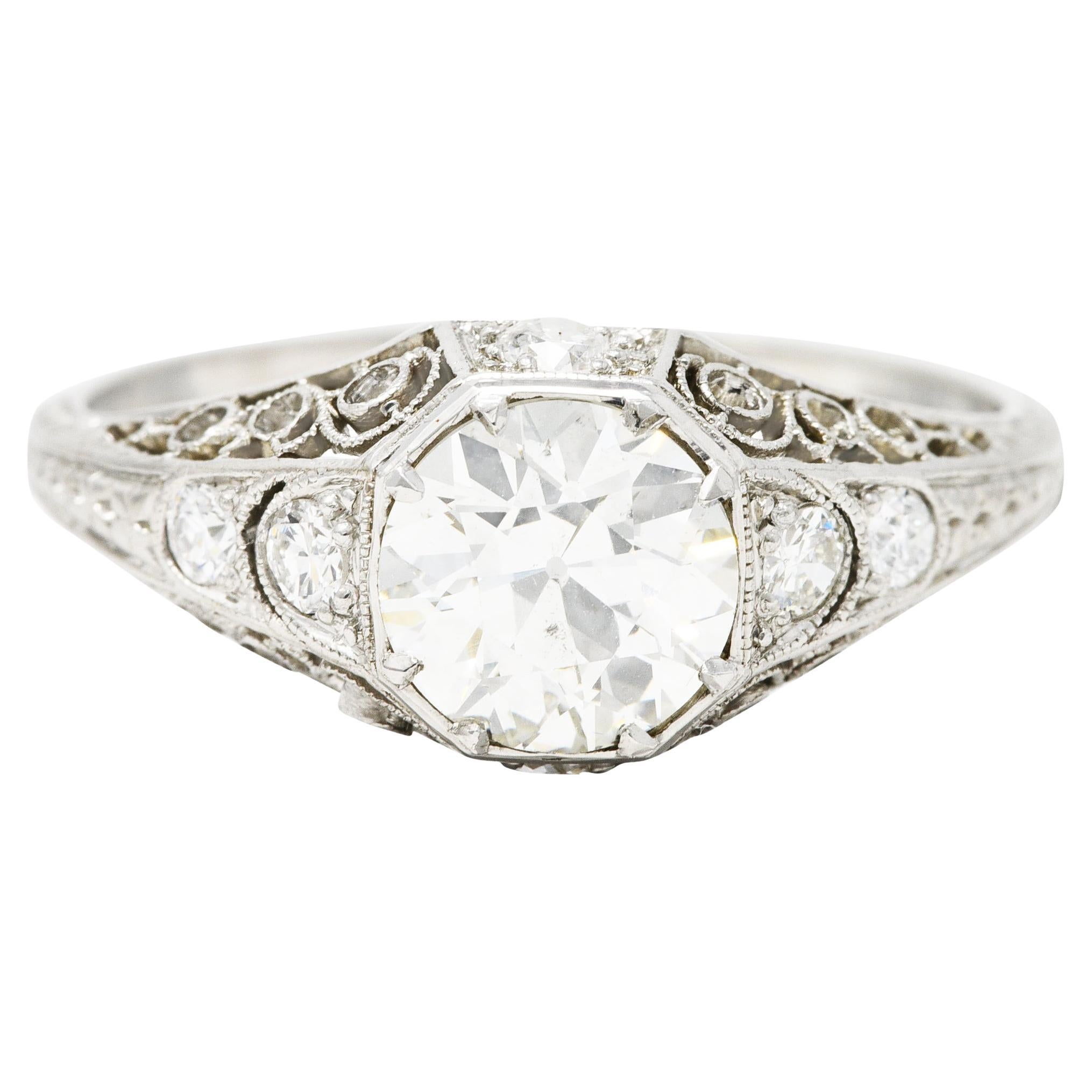 Early Art Deco 1.92 Carats Diamond Platinum Scrolled Filigree Engagement Ring For Sale