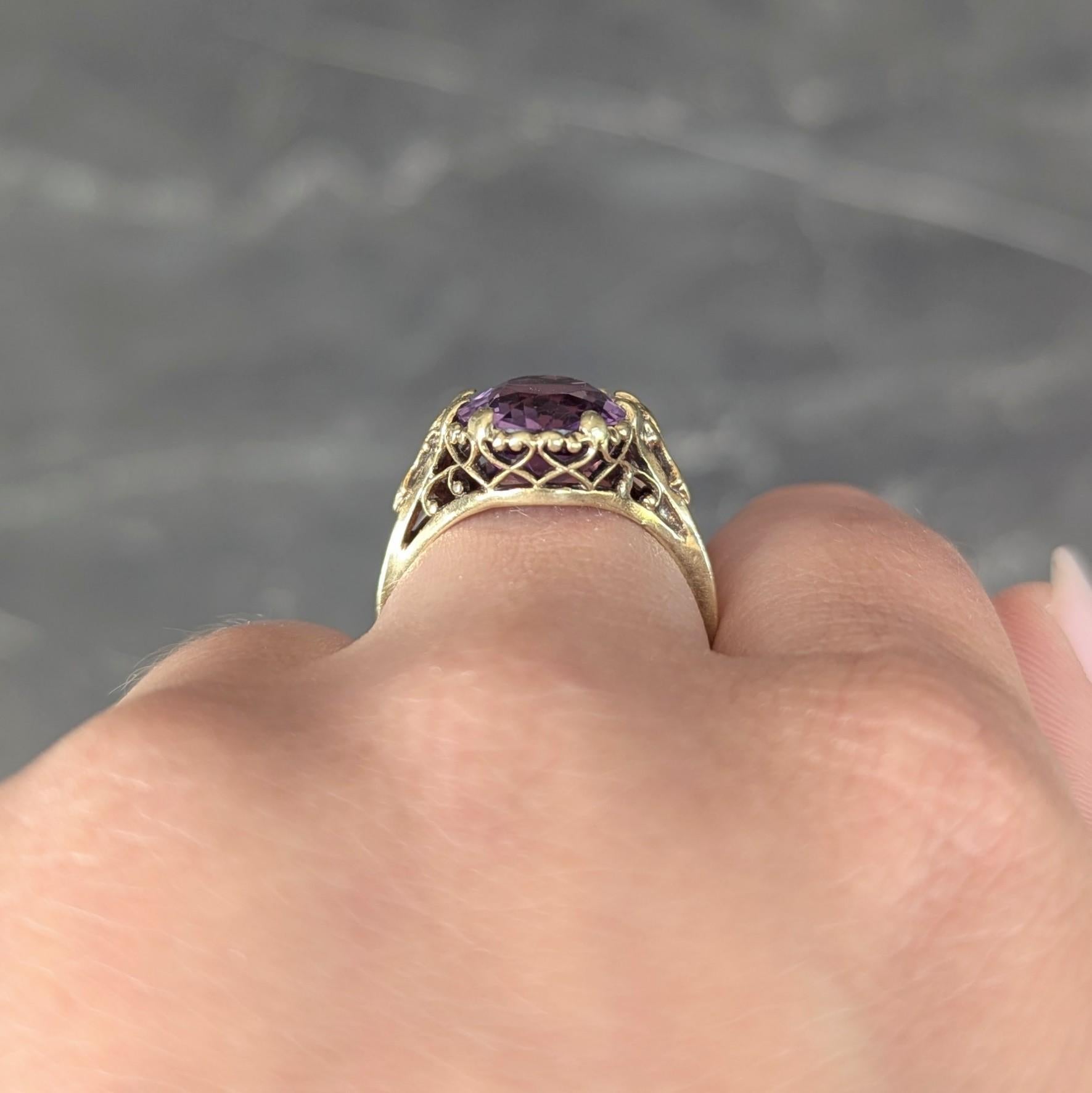 Early Art Deco 4.85 CTW Amethyst 14K Yellow Gold Heart Filigree Cocktail Ring For Sale 3