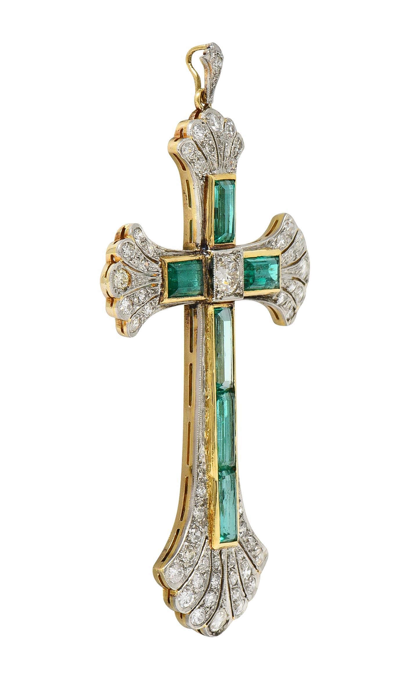 Old European Cut Early Art Deco 9.81 CTW Emerald Diamond Platinum 14 Karat Gold Cross Pendant For Sale