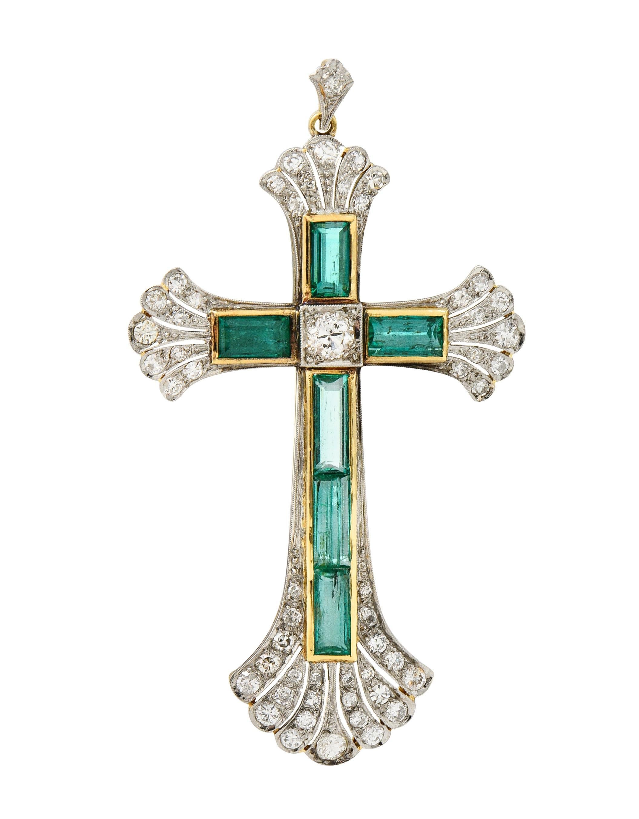 Early Art Deco 9.81 CTW Emerald Diamond Platinum 14 Karat Gold Cross Pendant In Excellent Condition For Sale In Philadelphia, PA