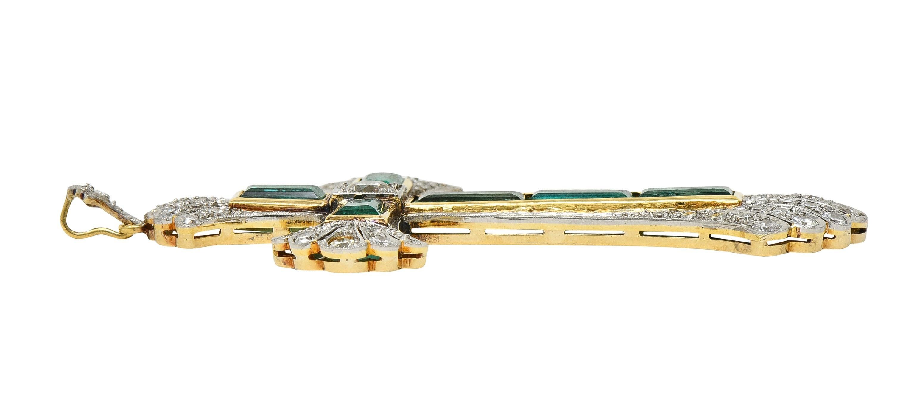Early Art Deco 9.81 CTW Emerald Diamond Platinum 14 Karat Gold Cross Pendant For Sale 2