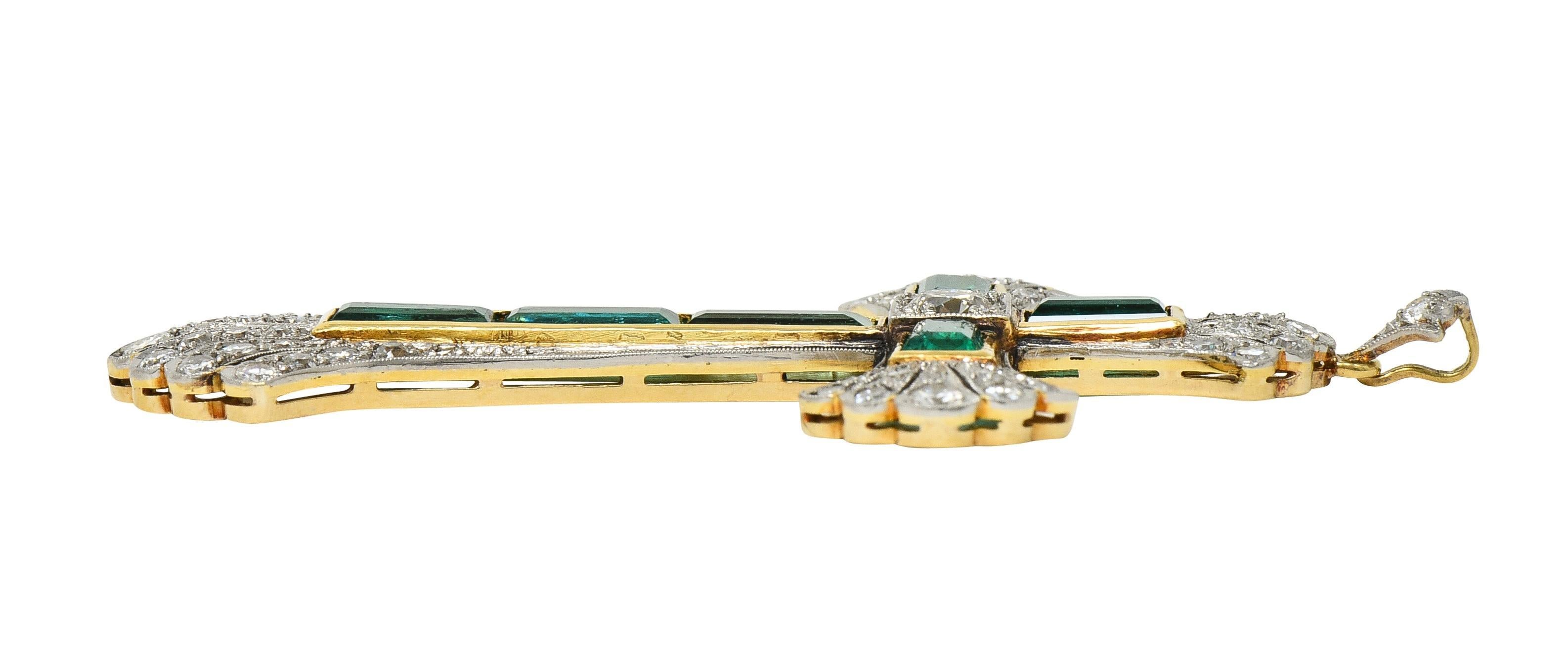Früher Art Deco 9,81 Karat Smaragd Diamant Platin 14 Karat Gold Kreuz-Anhänger im Angebot 2