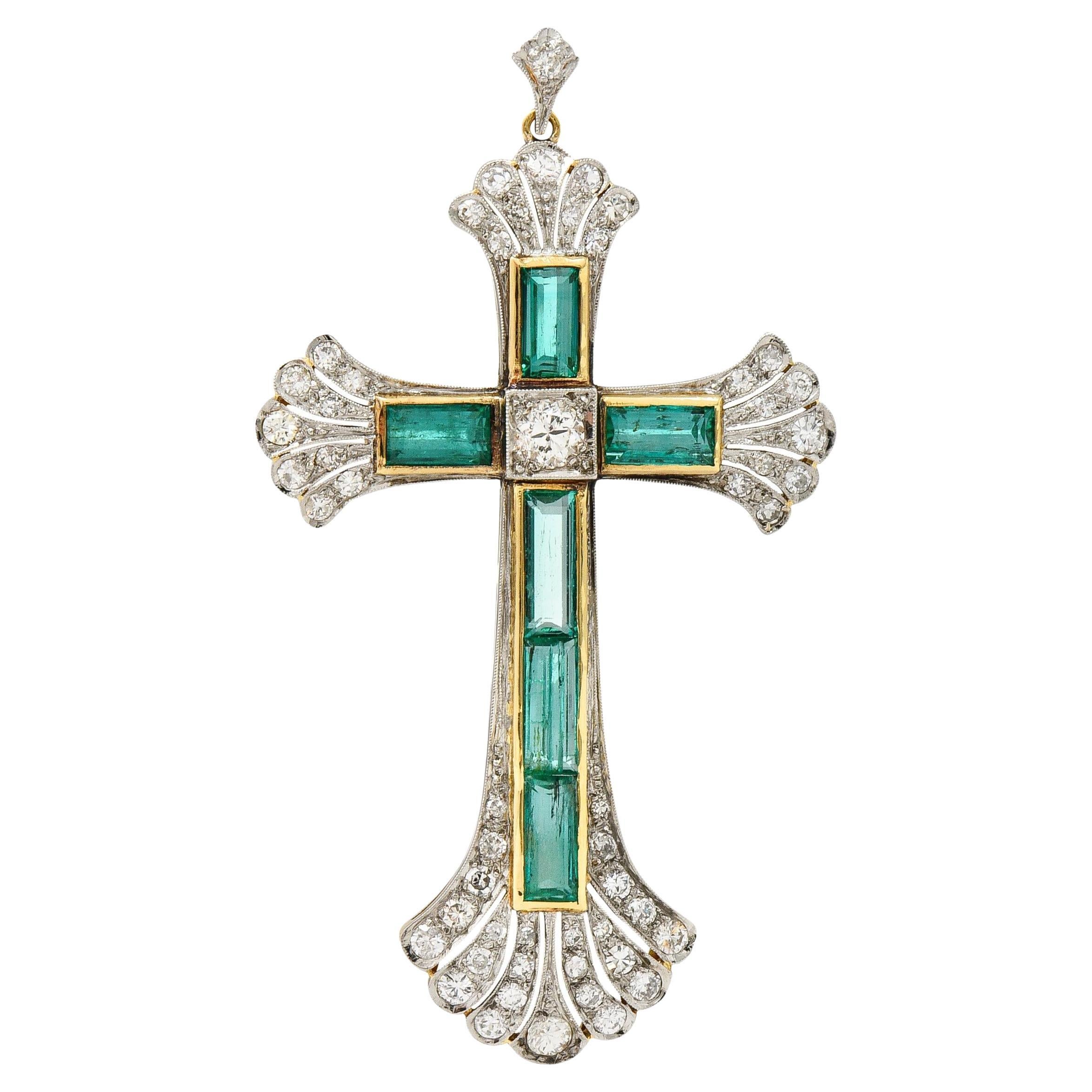 Early Art Deco 9.81 CTW Emerald Diamond Platinum 14 Karat Gold Cross Pendant For Sale
