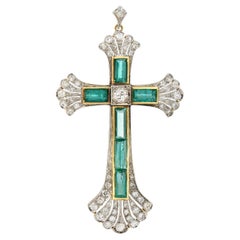Antique Early Art Deco 9.81 CTW Emerald Diamond Platinum 14 Karat Gold Cross Pendant
