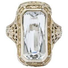 Antique Early Art Deco Aquamarine 14 Karat White Gold Floral Lace Ring