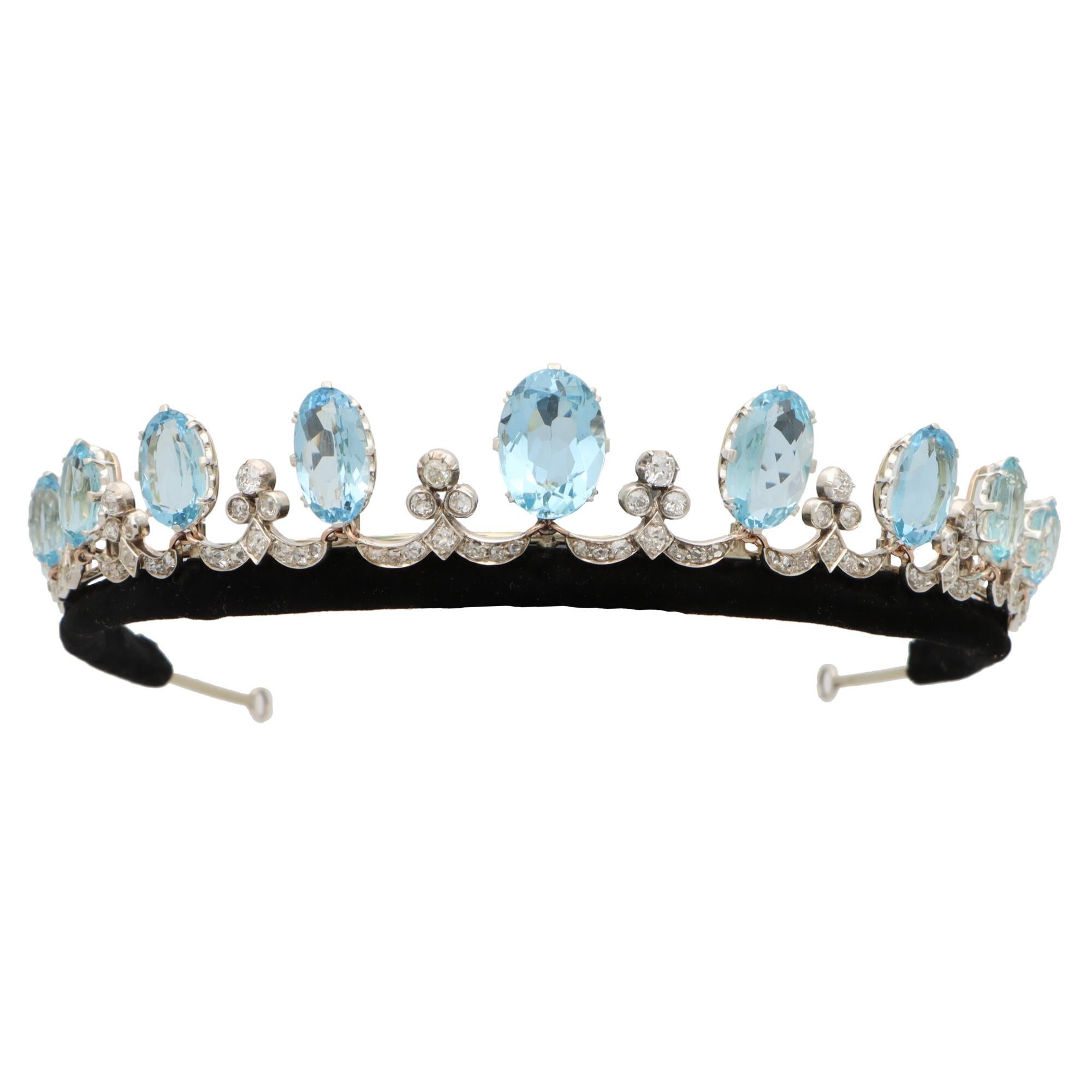 Oval Cut Early Art Deco Aquamarine and Diamond Convertible Tiara Necklace