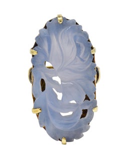 Früher Art Deco Blauer Chalcedon 14 Karat Gelbgold Antiker Blumenring