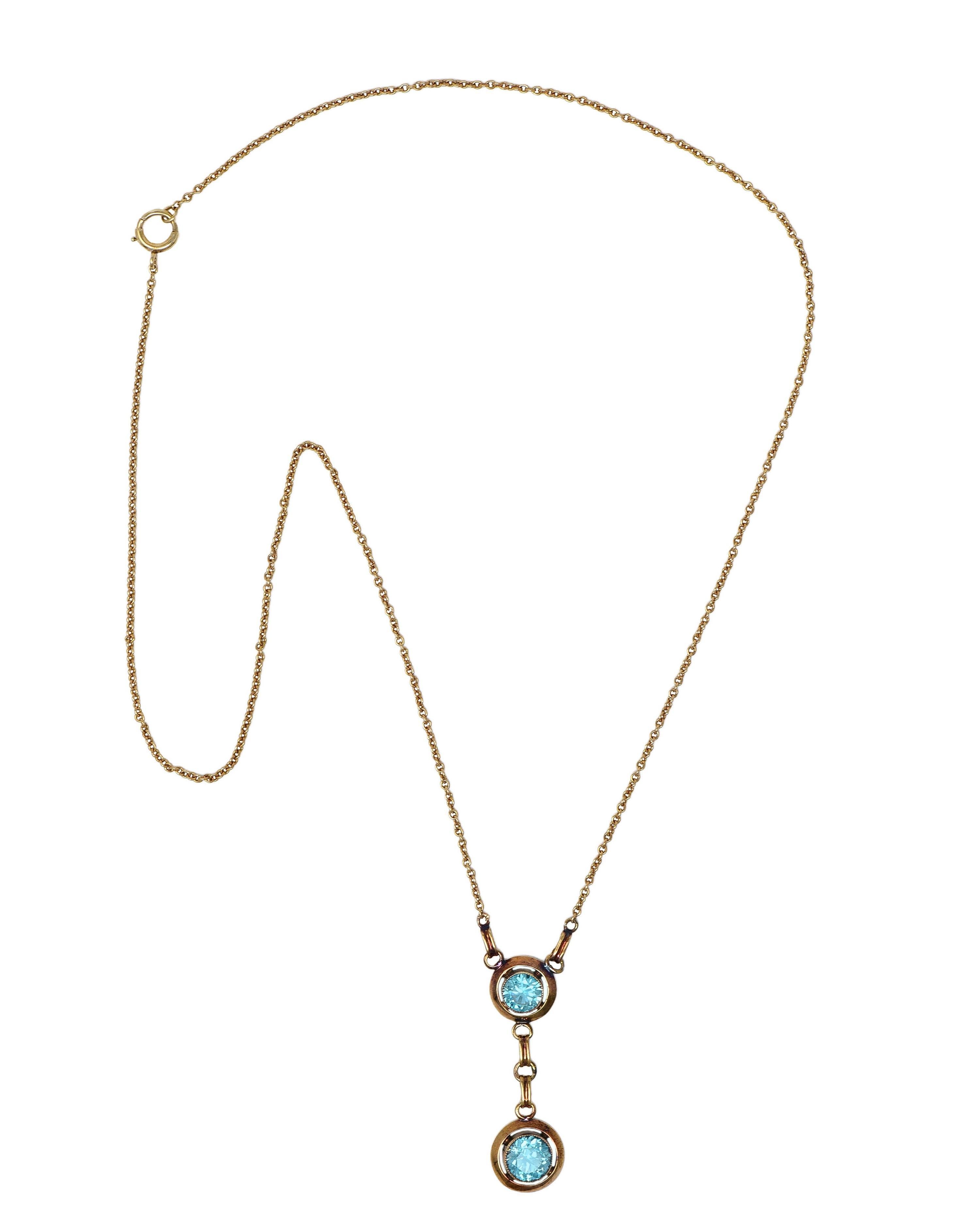 Taille ronde Collier Sartouir en or jaune 14 carats avec zircon bleu, début Art déco en vente