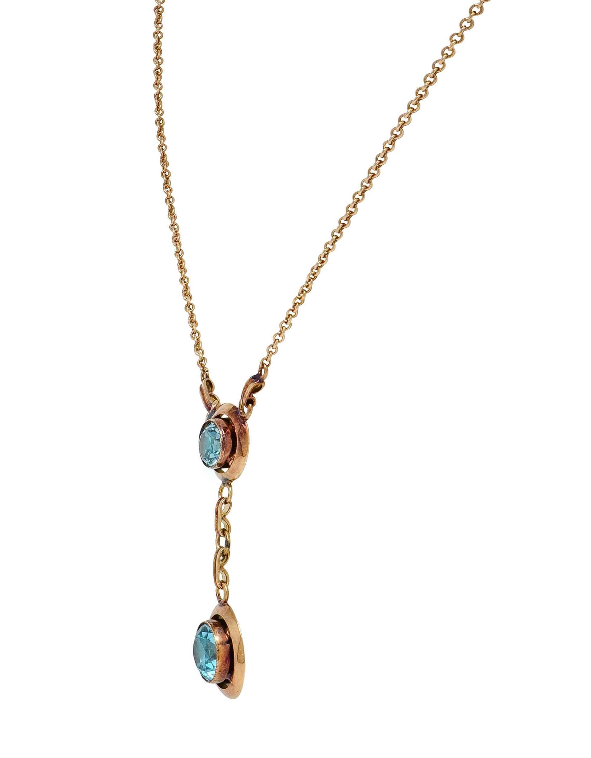 Collier Sartouir en or jaune 14 carats avec zircon bleu, début Art déco Excellent état - En vente à Philadelphia, PA