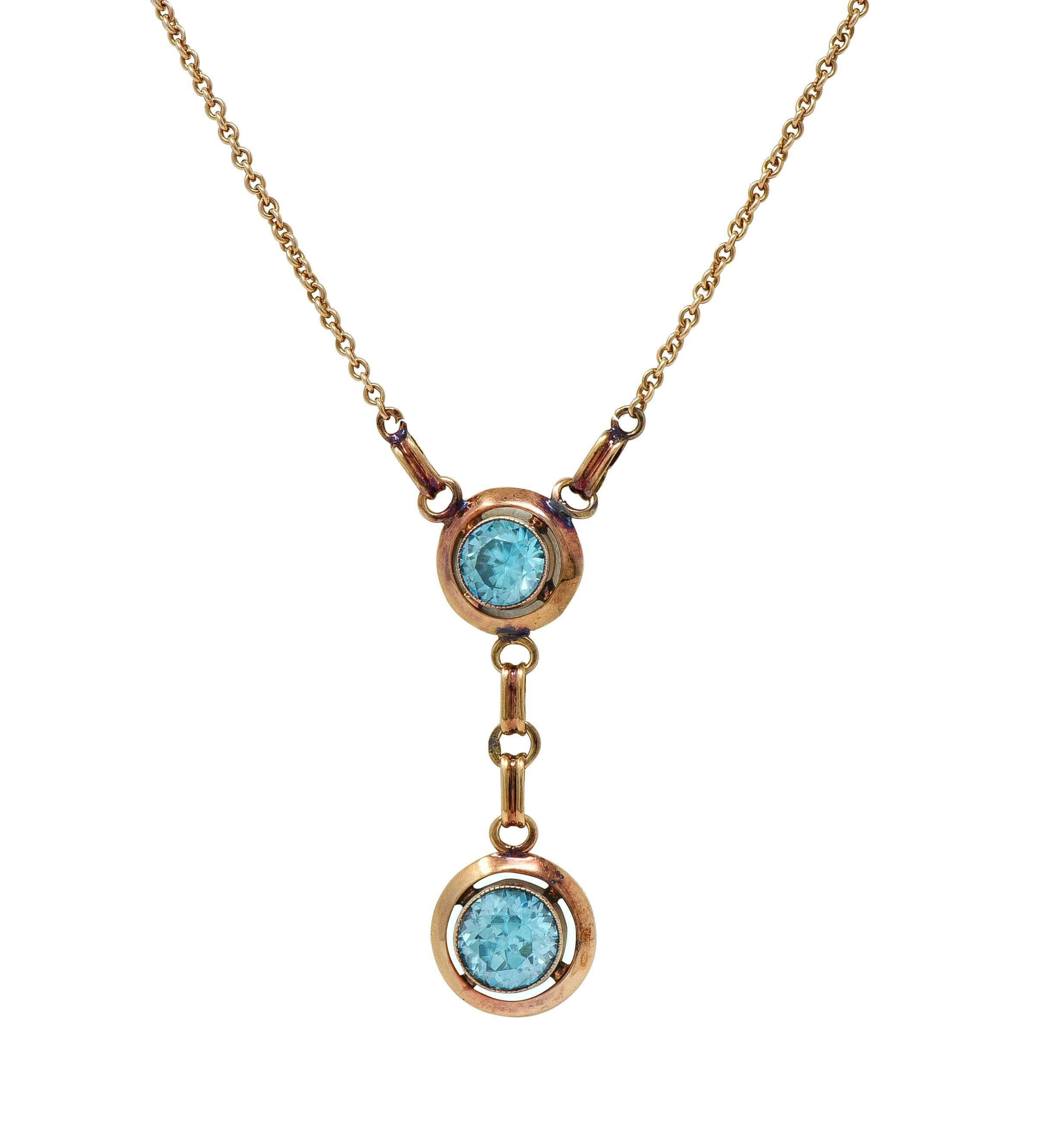 Early Art Deco Blue Zircon 14 Karat Yellow Gold Sartouir Antique Drop Necklace