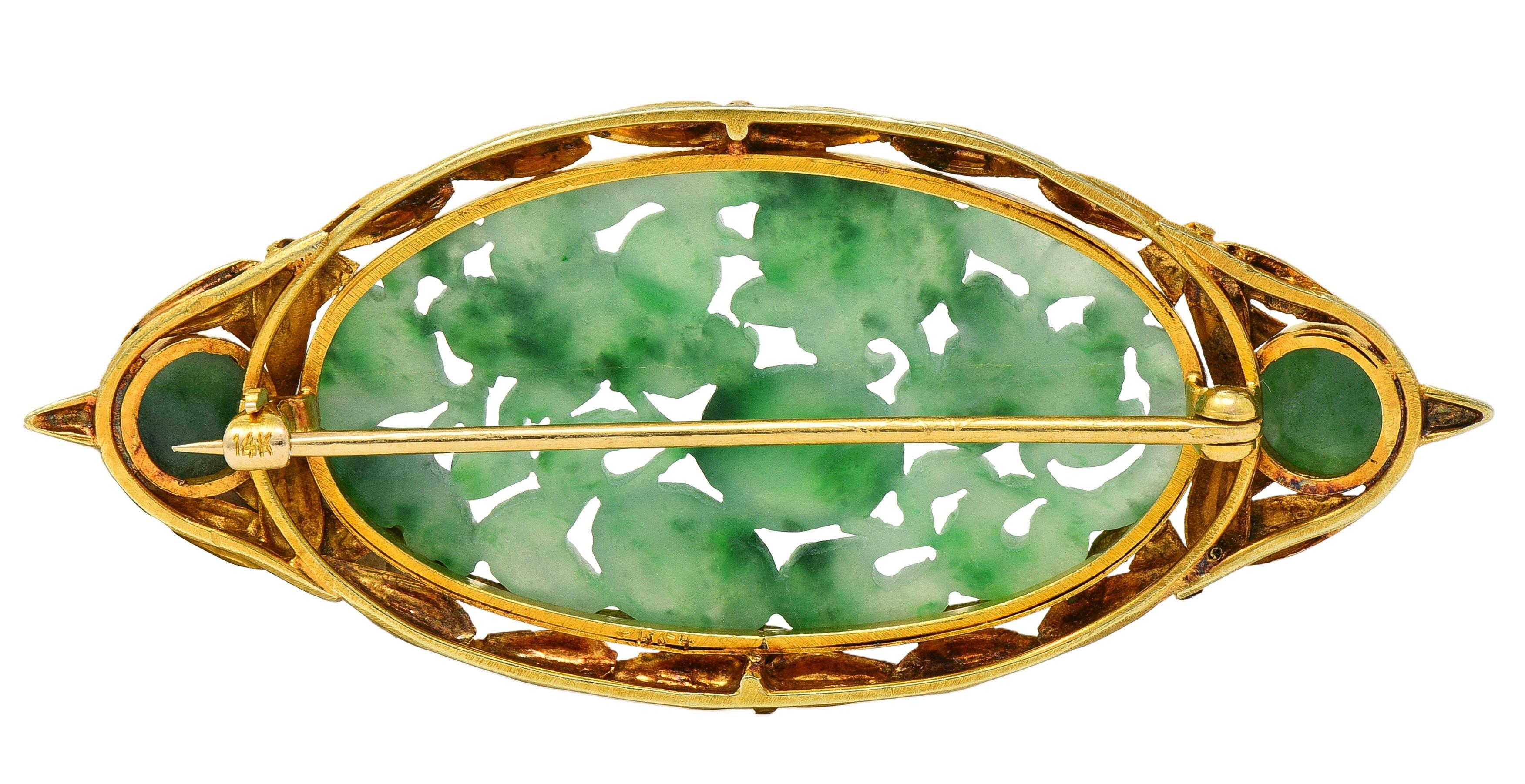 Taglio misto Spilla di grano antica in giada intagliata Art Carved in oro giallo 14 carati in vendita