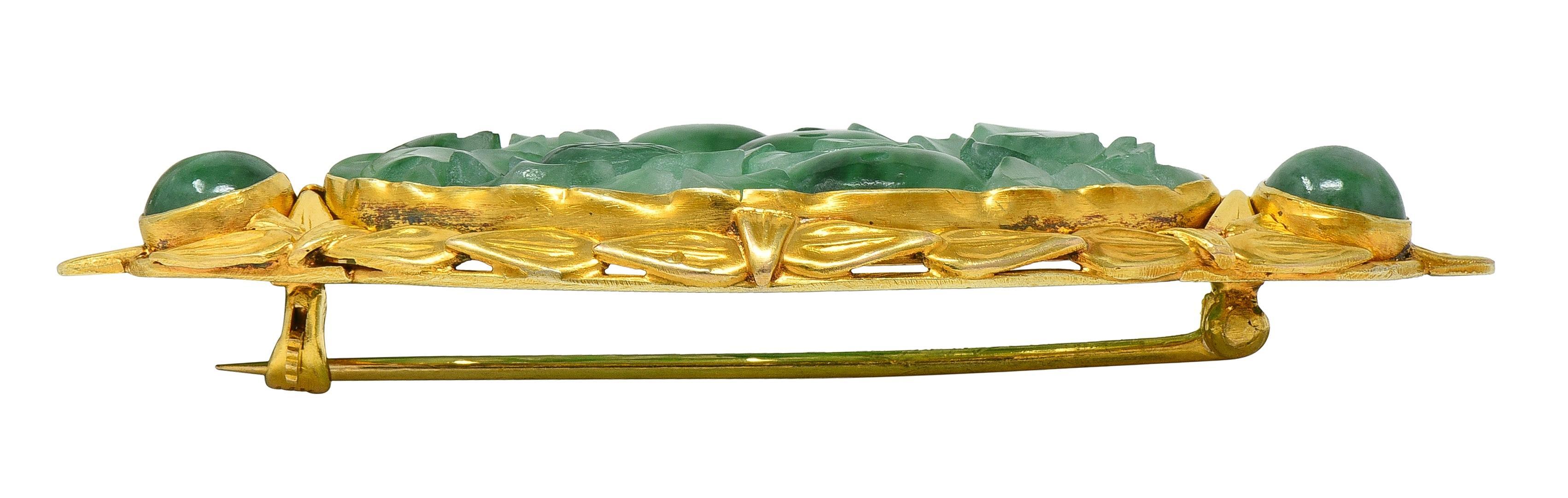 Spilla di grano antica in giada intagliata Art Carved in oro giallo 14 carati in vendita 1
