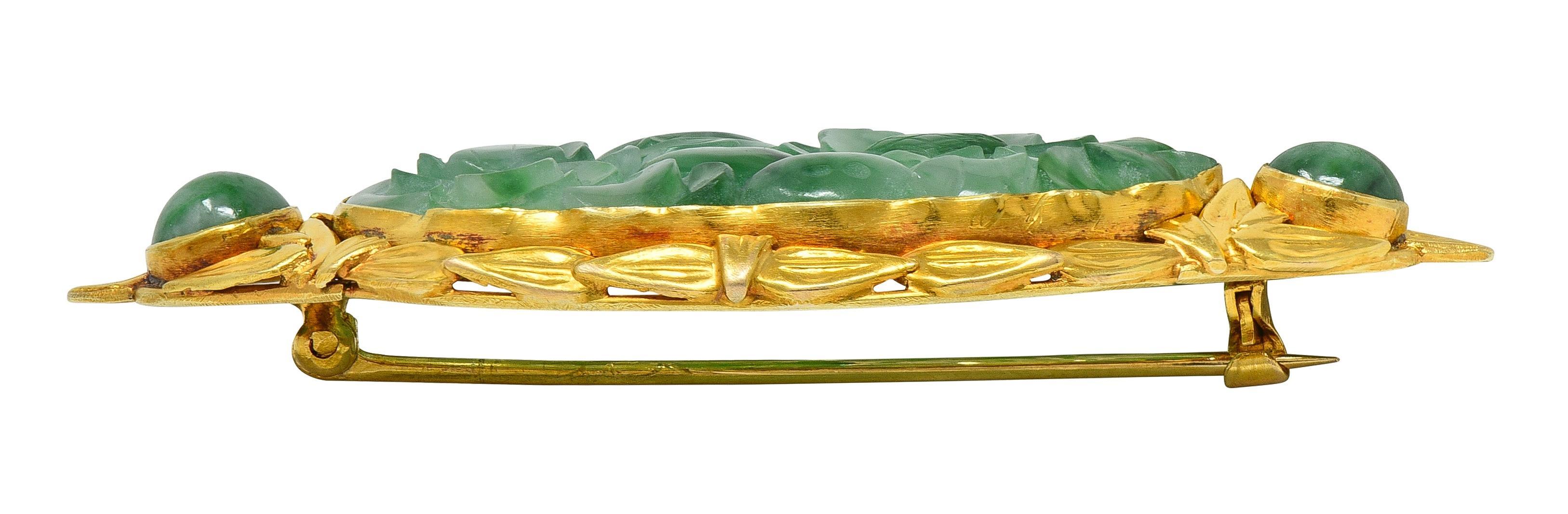Spilla di grano antica in giada intagliata Art Carved in oro giallo 14 carati in vendita 2