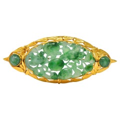 Early Art Deco Carved Jade 14 Karat Yellow Gold Antique Wheat Brooch