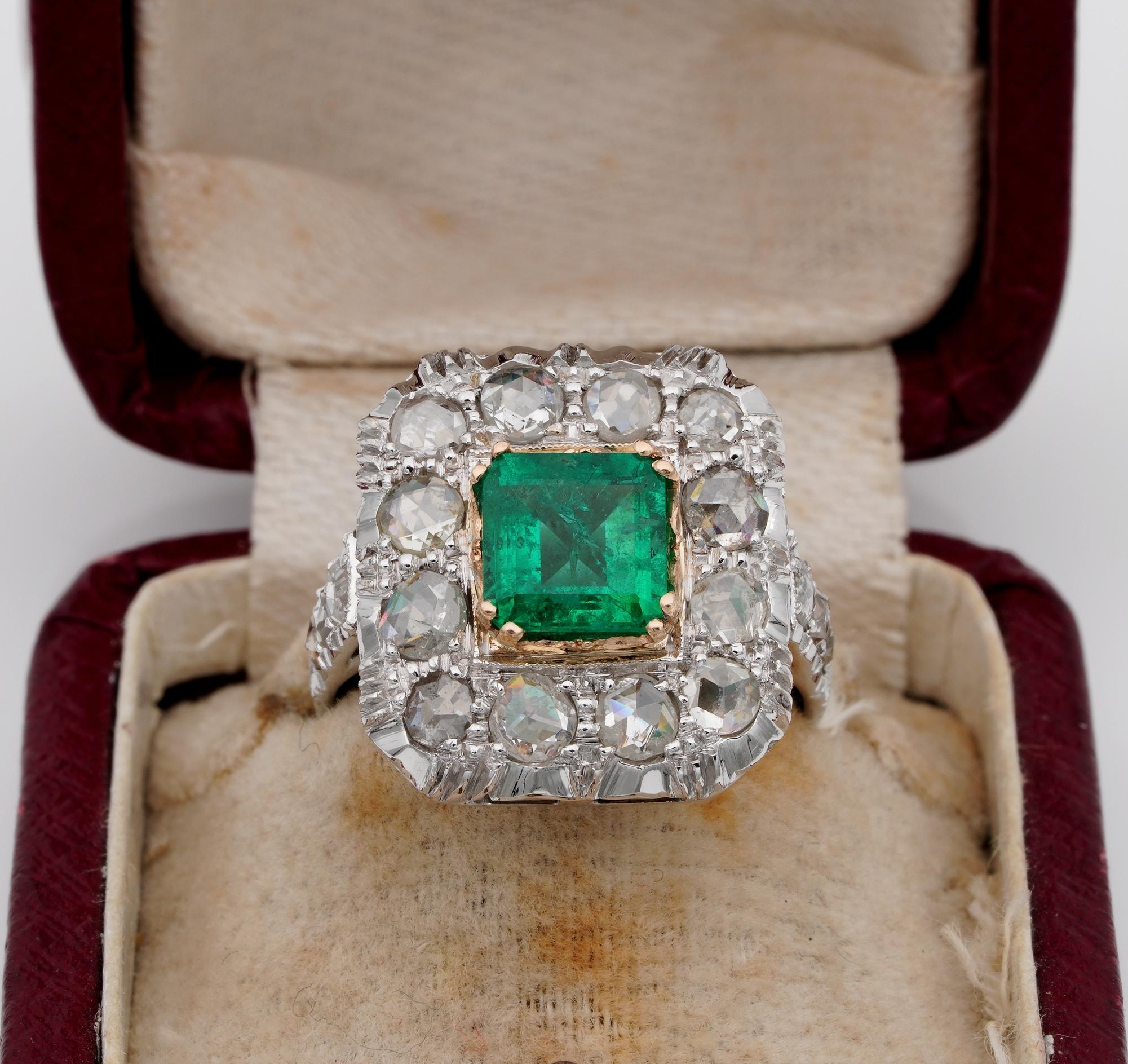 An Unique Treasure early 20's!

An outstanding early Art Deco example of Colombian Emerald and Diamond ring
Charming large rectangular crown, very eye-catching, unusually set with Rose Cut Diamonds which makes it even more distinctive and