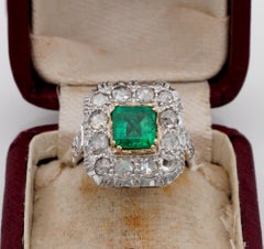 Early Art Deco Colombian Emerald and Rose Cut Diamond Ring