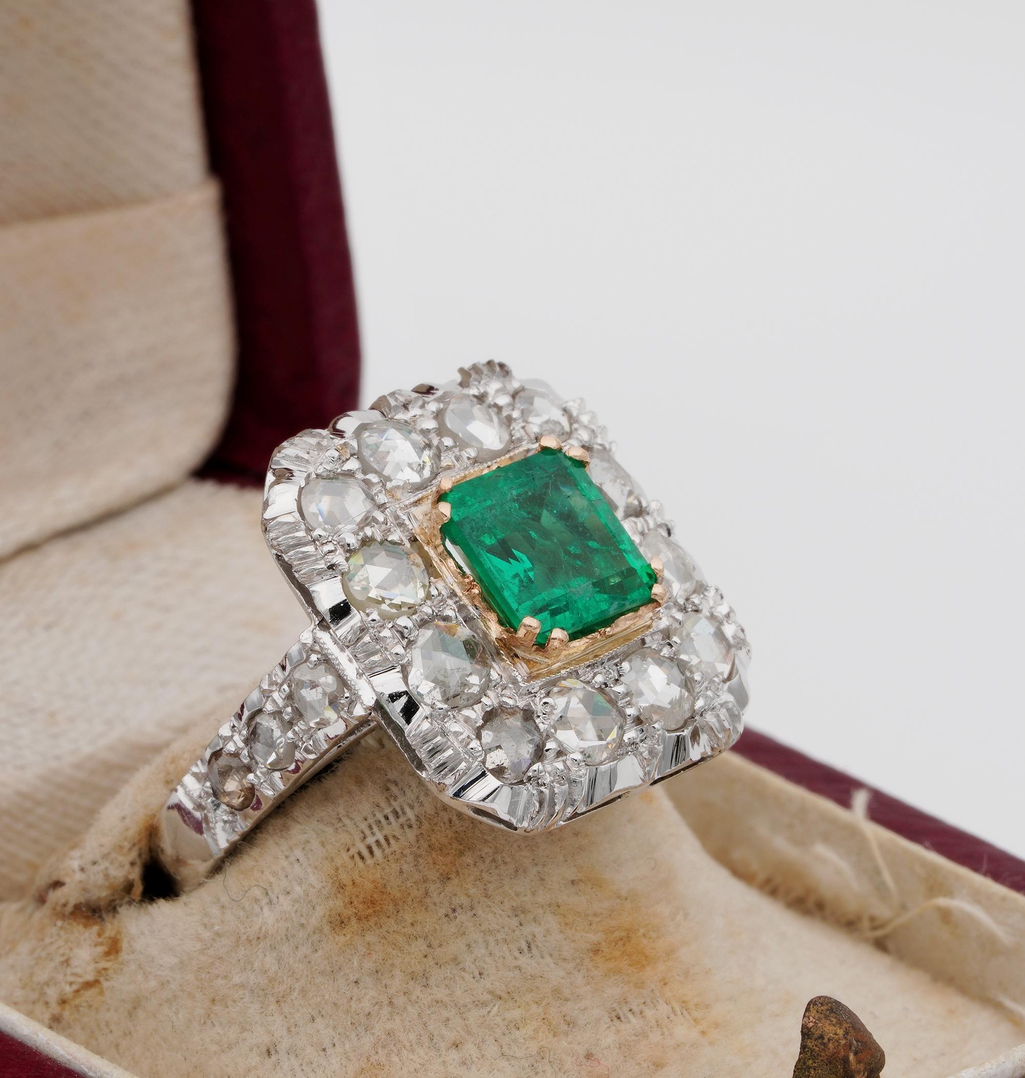 Women's Early Art Deco Colombian Emerald and Rose Cut Diamond Ring For Sale