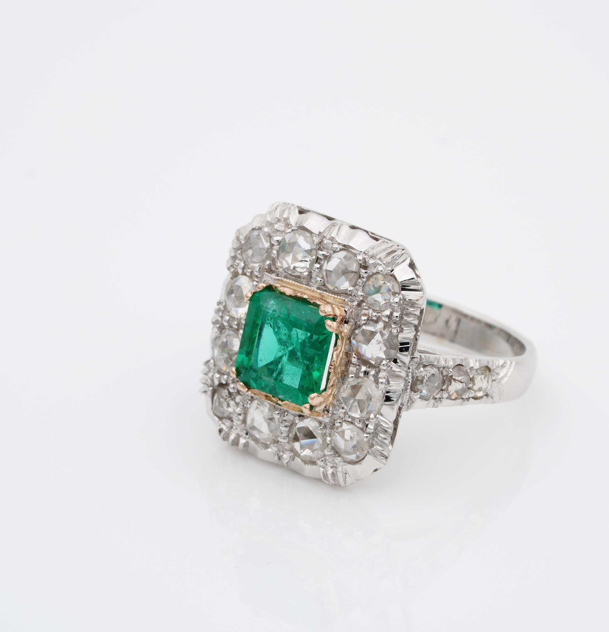 Early Art Deco Colombian Emerald and Rose Cut Diamond Ring For Sale 1