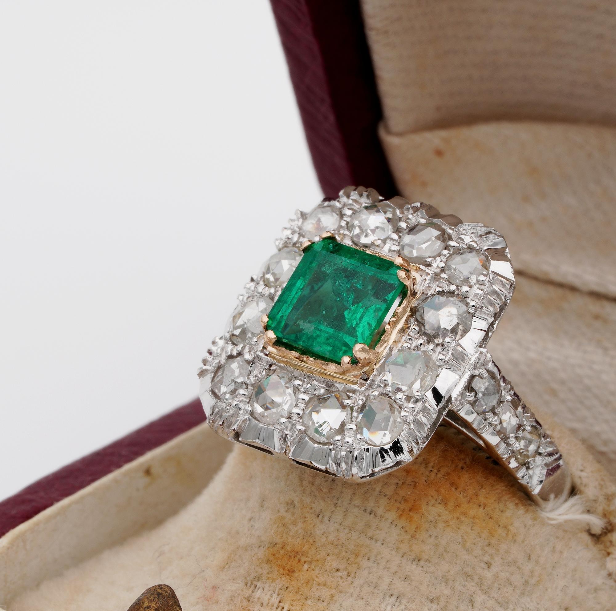 Early Art Deco Colombian Emerald and Rose Cut Diamond Ring For Sale 2