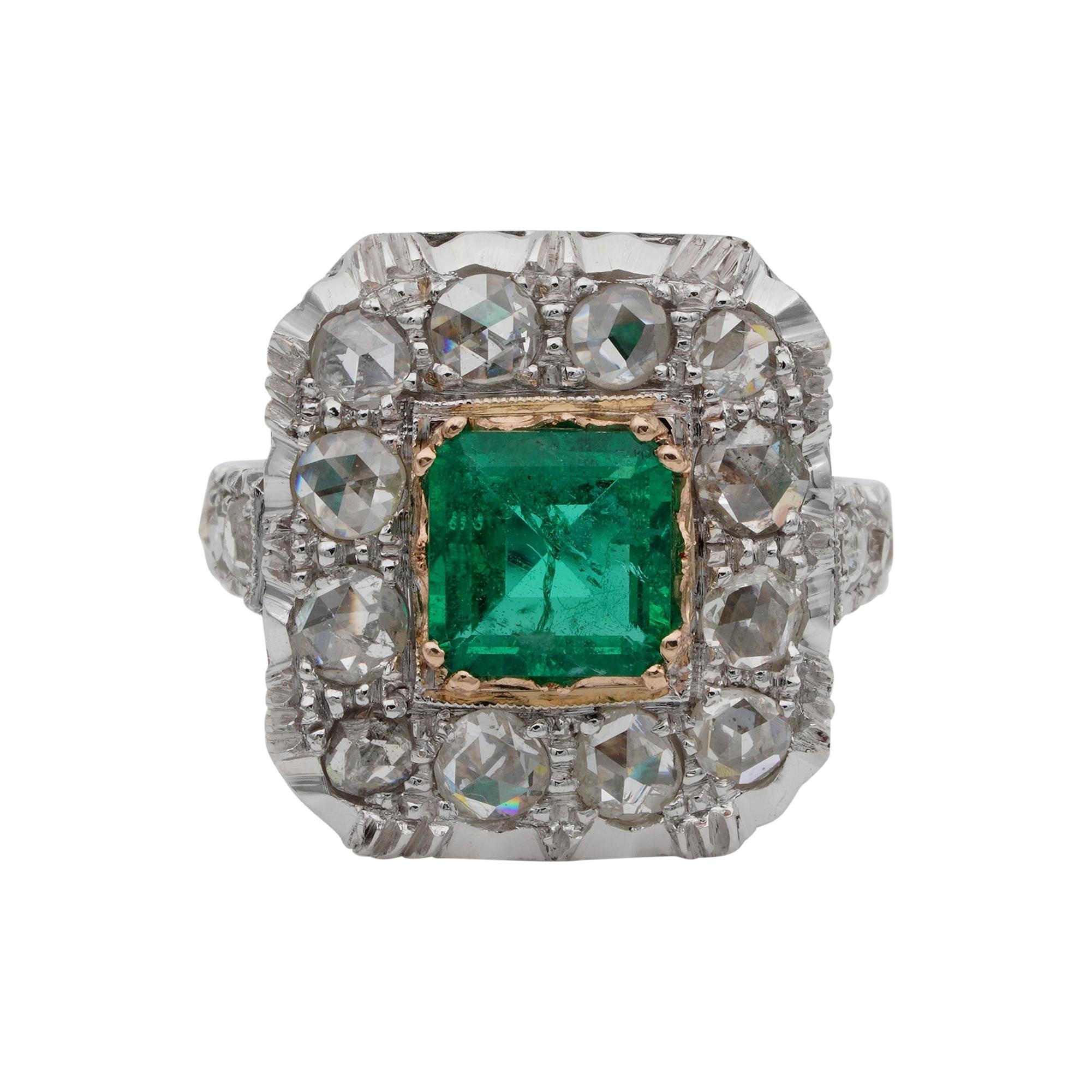 Early Art Deco Colombian Emerald and Rose Cut Diamond Ring For Sale