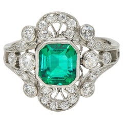 Anillo Antiguo Art Decó Esmeralda Colombiana Diamante Platino