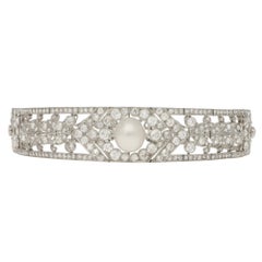 Early Art Deco Convertible Diamond and Natural Pearl Tiara Choker in Platinum