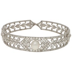 Early Art Deco Convertible Diamond and Natural Pearl Tiara Choker in Platinum