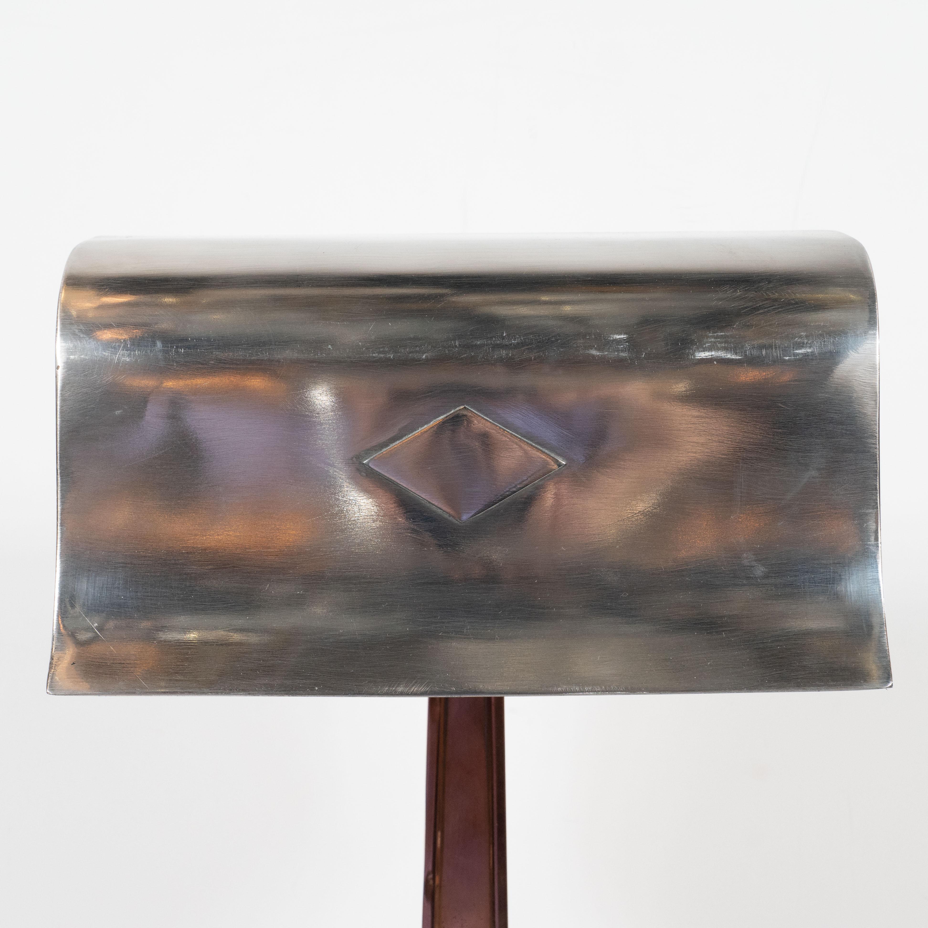 American Early Art Deco Copper & Polished Aluminum Table Lamp with Cubist Embellishment For Sale