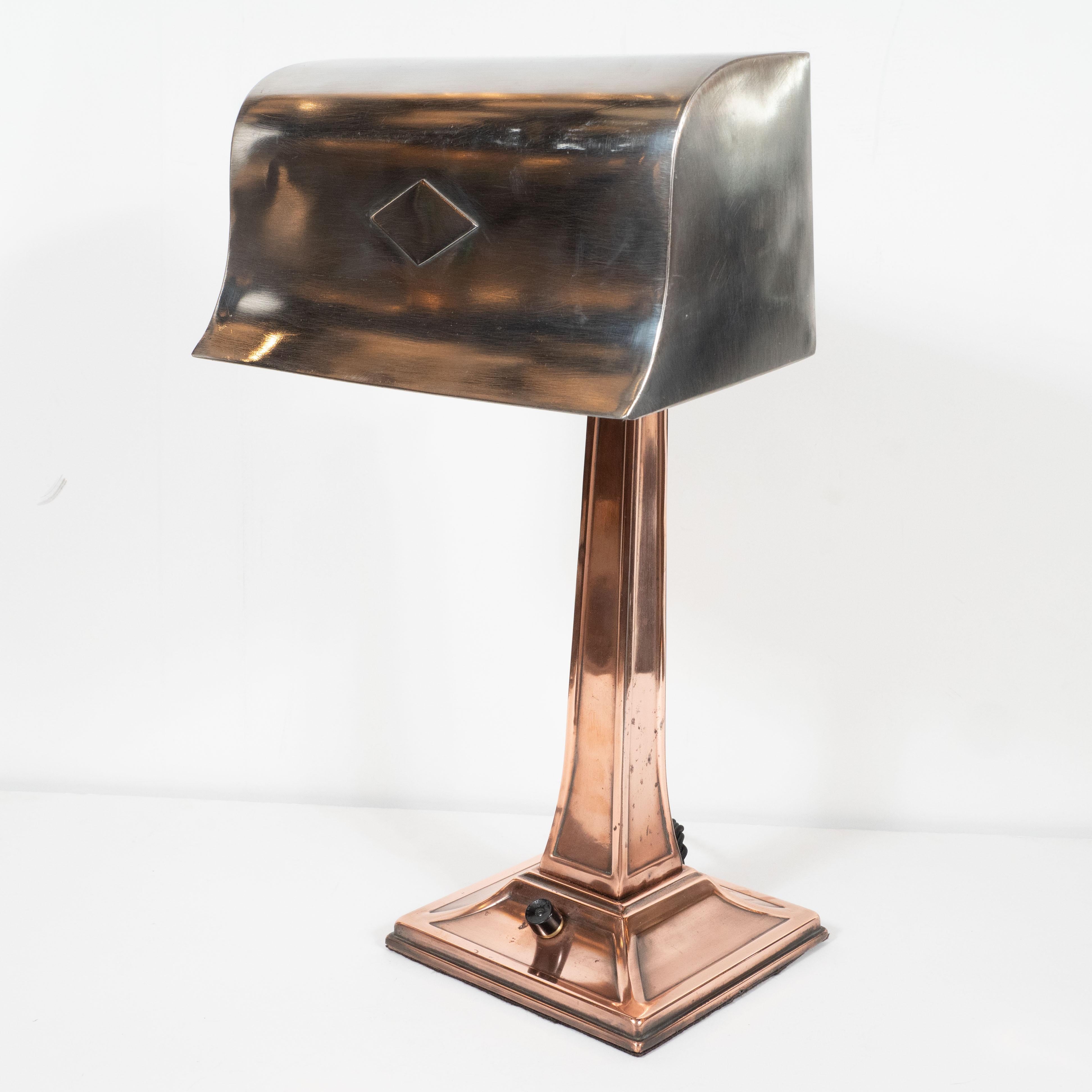 Early Art Deco Copper & Polished Aluminum Table Lamp with Cubist Embellishment For Sale 2