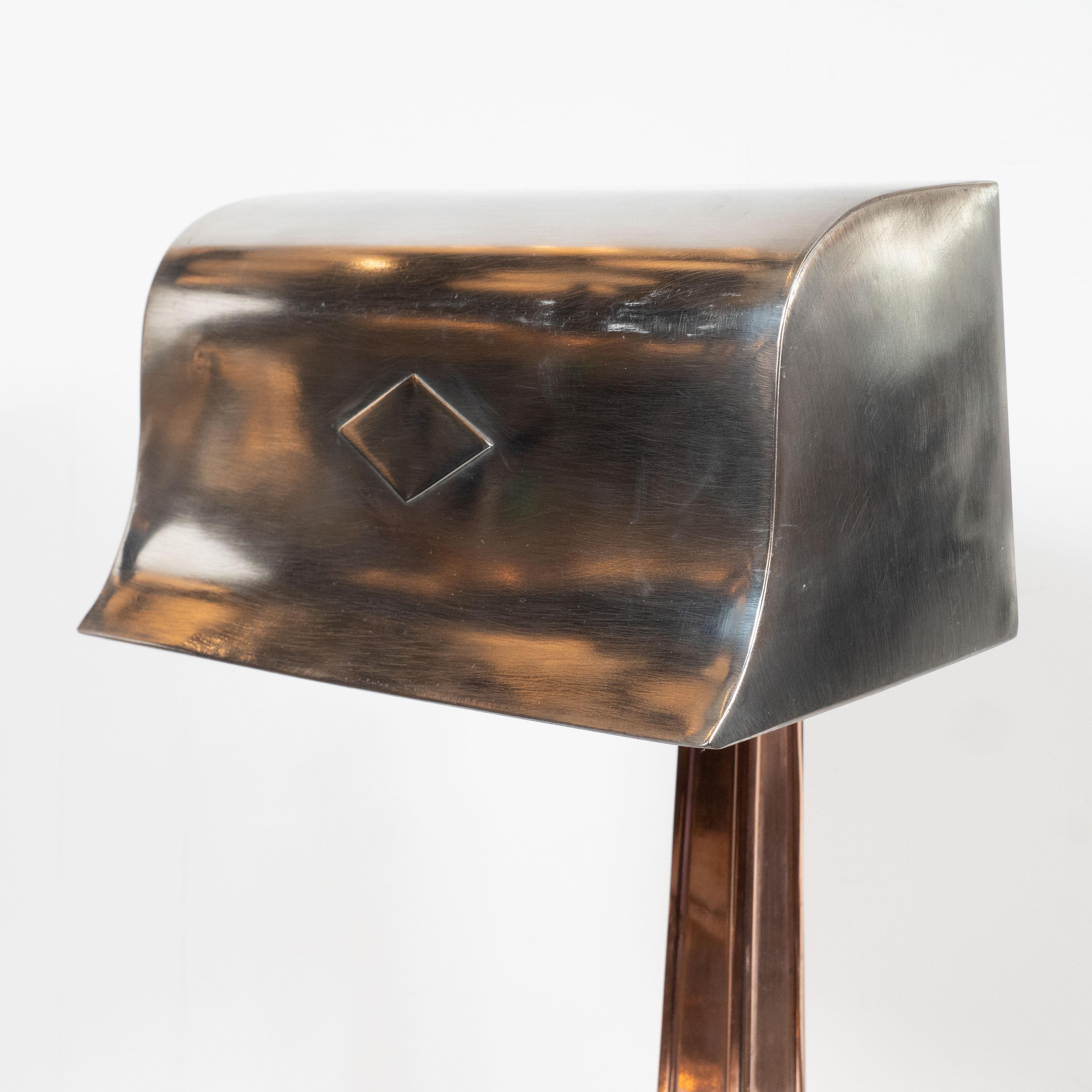 Early Art Deco Copper & Polished Aluminum Table Lamp with Cubist Embellishment For Sale 4