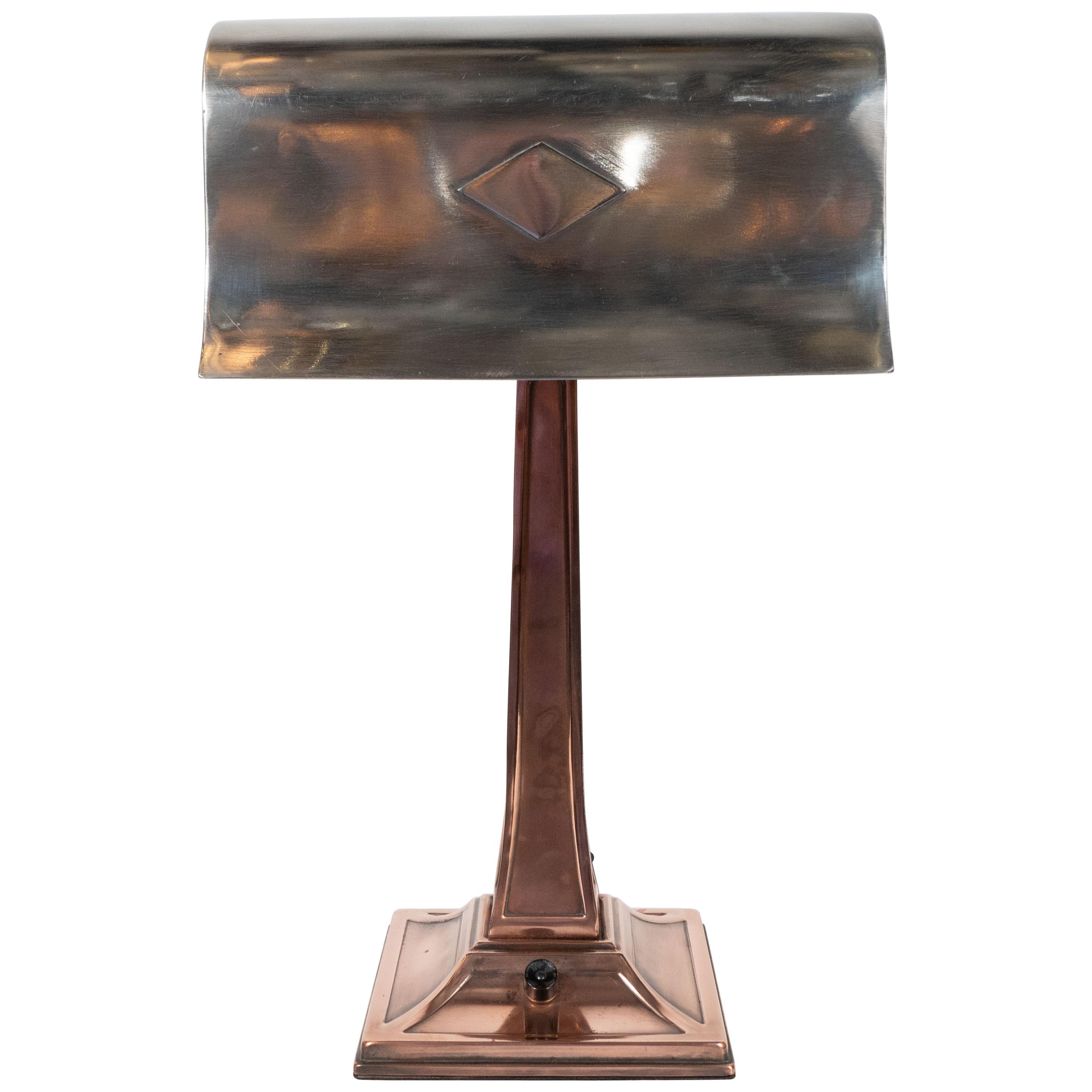 Early Art Deco Copper & Polished Aluminum Table Lamp with Cubist Embellishment For Sale