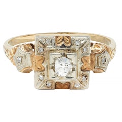 Early Art Deco Diamond 14 Karat Two Tone Square Form Antique Engagement Ring