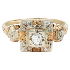 Early Art Deco Diamond 14 Karat Two Tone Square Form Antique Engagement Ring
