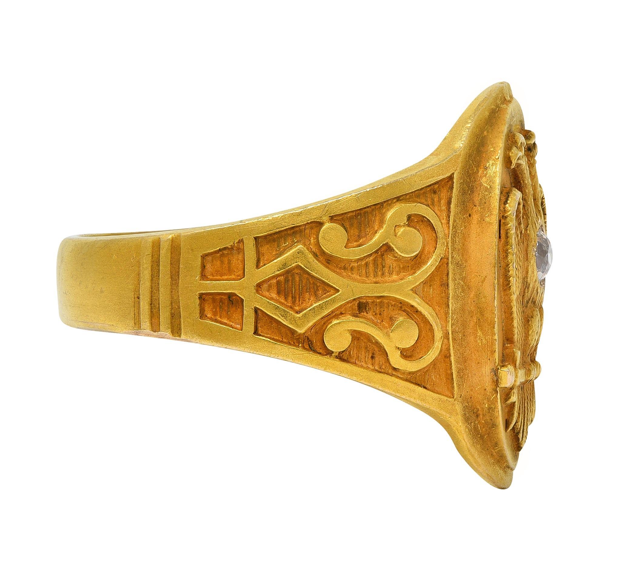 Old European Cut Early Art Deco Diamond 14 Karat Yellow Gold Antique Free Mason Eagle Signet Ring For Sale