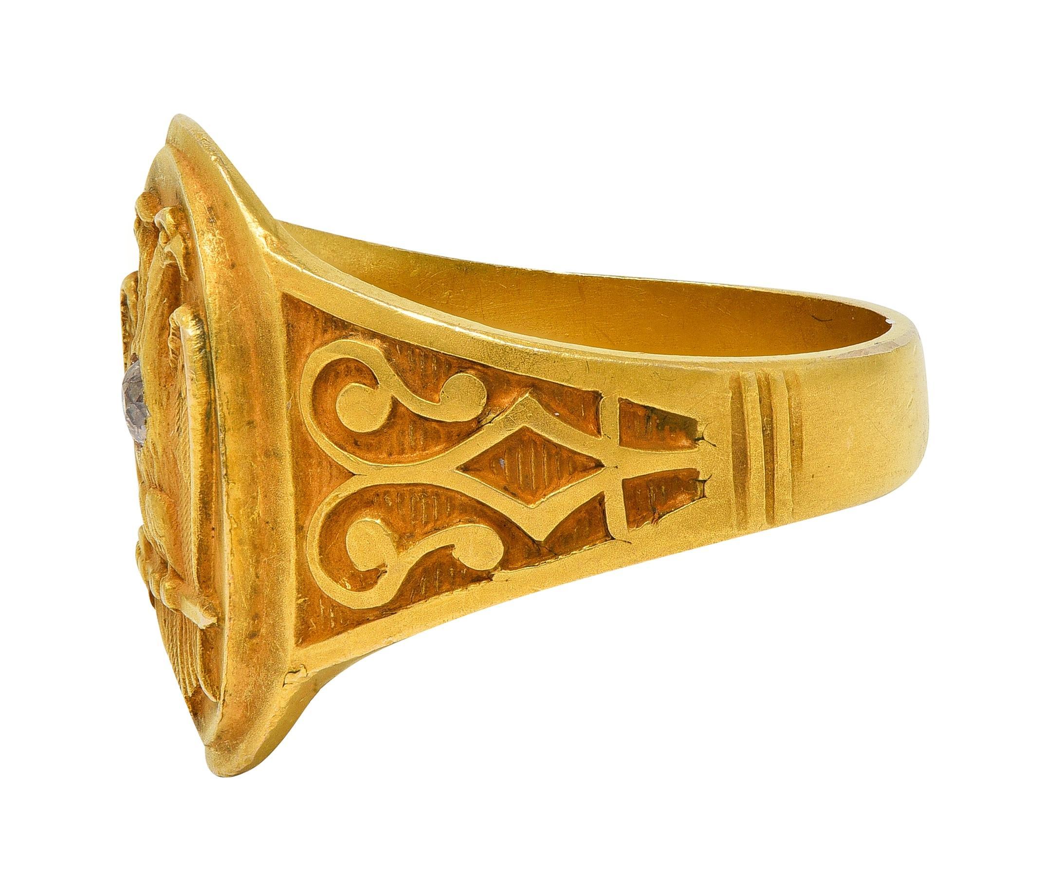 Early Art Deco Diamond 14 Karat Yellow Gold Antique Free Mason Eagle Signet Ring In Excellent Condition For Sale In Philadelphia, PA
