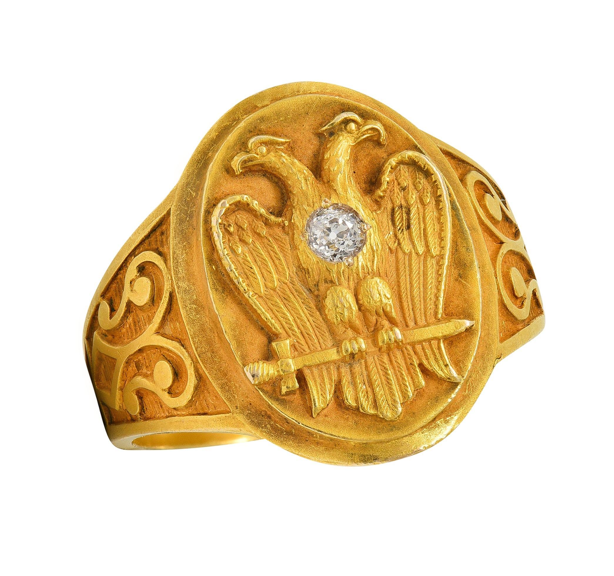 Early Art Deco Diamond 14 Karat Yellow Gold Antique Free Mason Eagle Signet Ring For Sale 1
