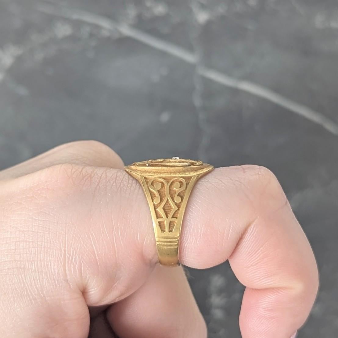 Early Art Deco Diamond 14 Karat Yellow Gold Antique Free Mason Eagle Signet Ring For Sale 3