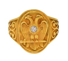 Anello con diamante in stile Art Deco in oro giallo 14 carati, antico anello con sigillo dell'aquila del libero muratore
