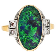 Antique Early Art Deco Diamond Black Opal Platinum Topped 14 Karat Gold Ring