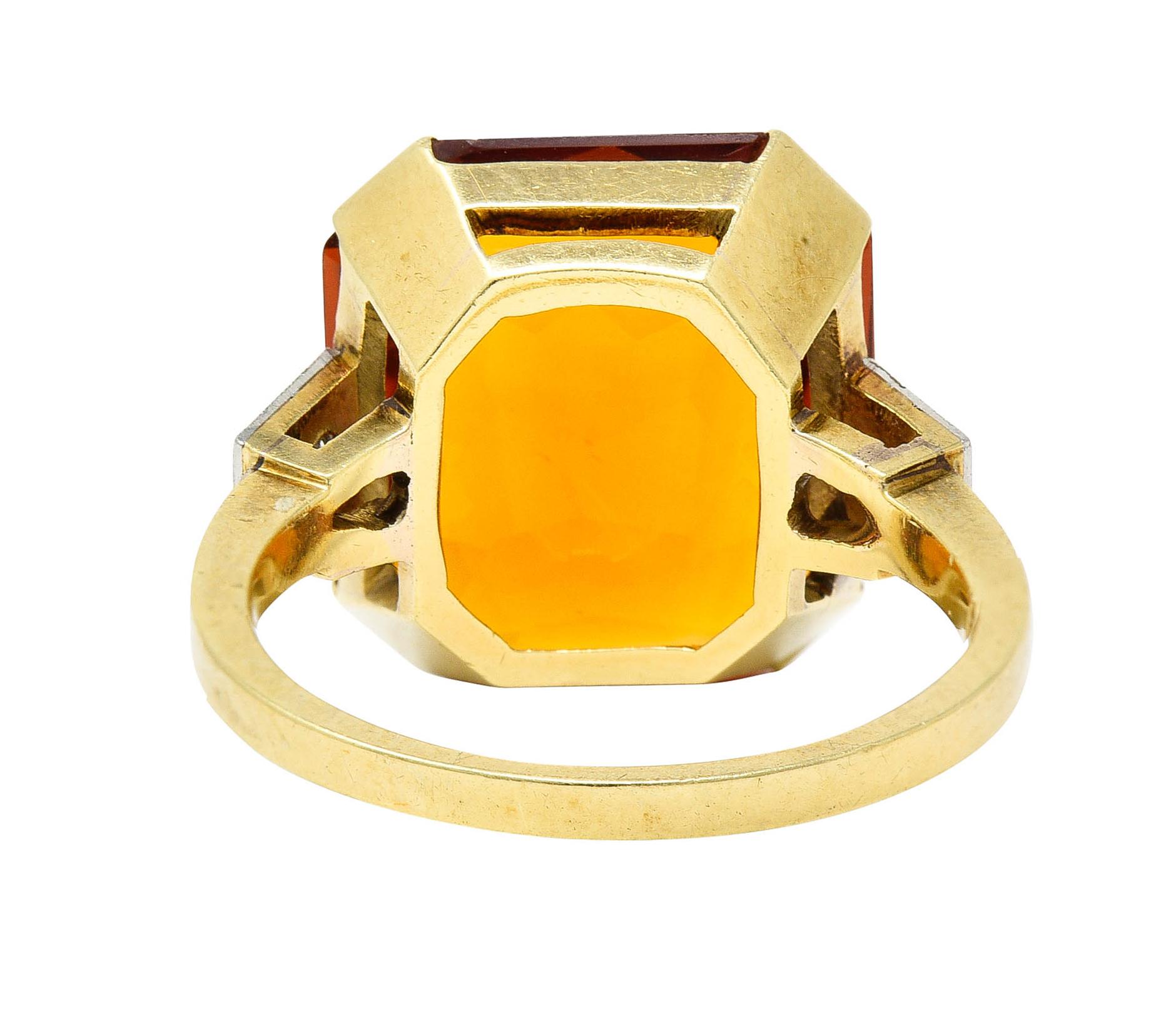 Early Art Deco Diamond Citrine Platinum-Topped 14 Karat Yellow Gold Ring In Excellent Condition In Philadelphia, PA