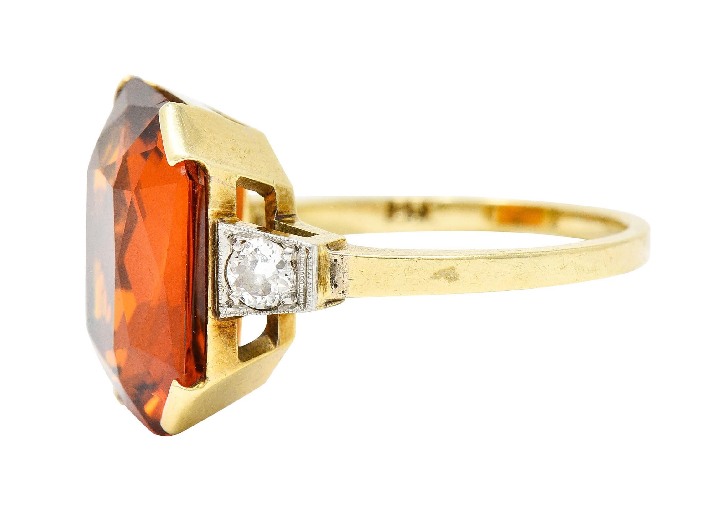 Women's or Men's Early Art Deco Diamond Citrine Platinum-Topped 14 Karat Yellow Gold Ring