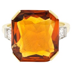 Early Art Deco Diamond Citrine Platinum-Topped 14 Karat Yellow Gold Ring